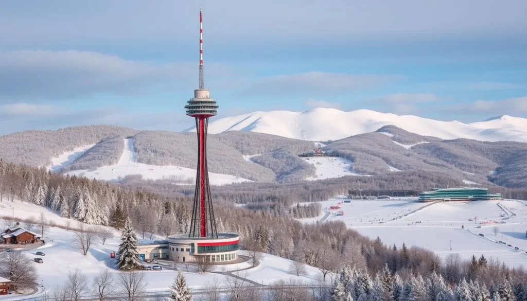 Generate an image of Puijo Tower with ski jumping hills in the background during winter.