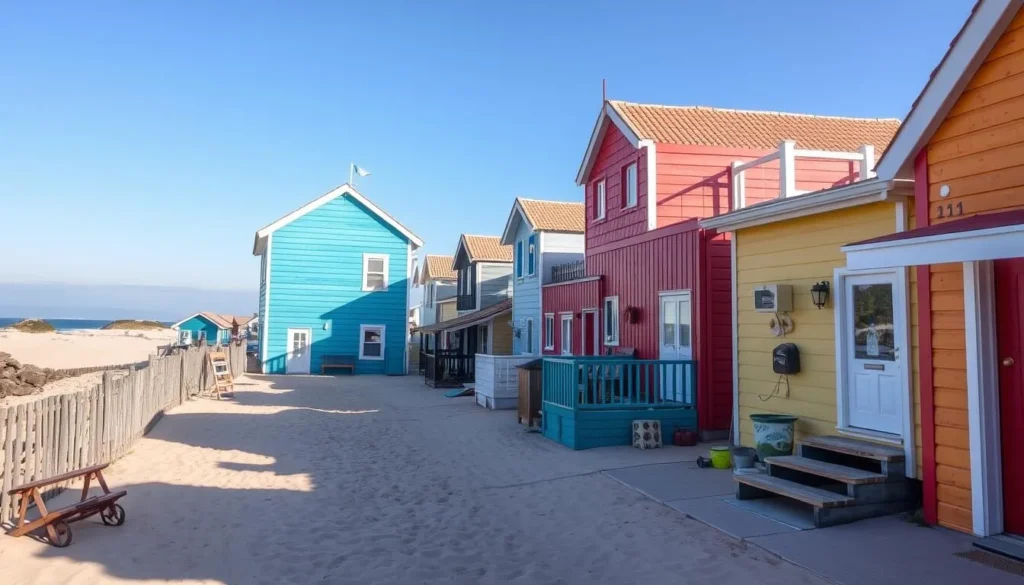 Generate an image of Punta del Diablo's colorful wooden houses and sandy streets