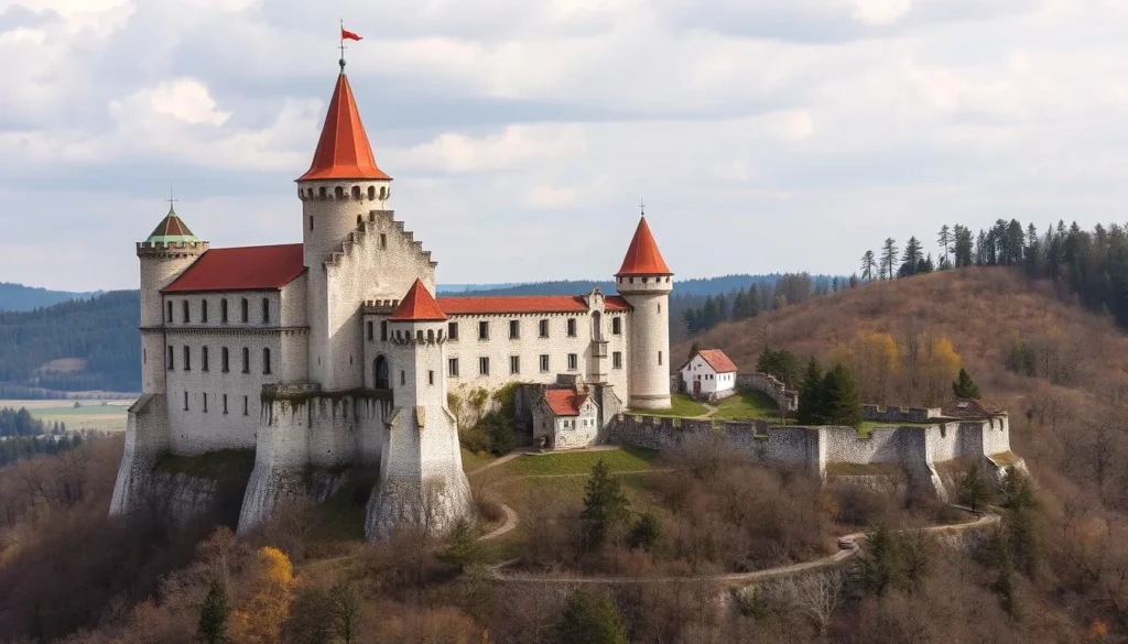 Generate an image of Rabí Castle, a large castle ruin in Bohemia, with a mix of historic structures and scenic views.