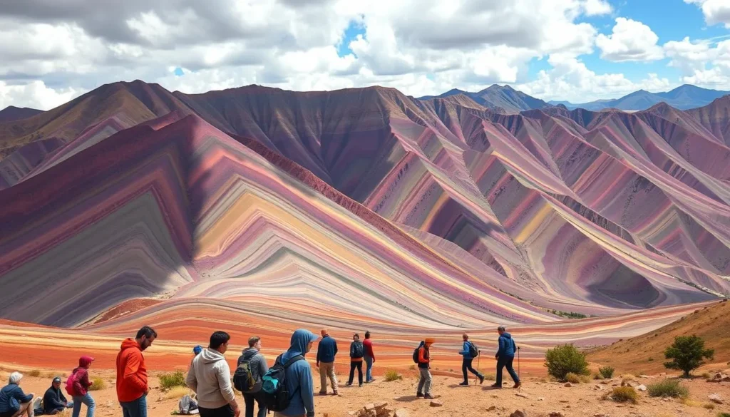 Generate an image of Rainbow Mountain with a vibrant color palette and hikers in the foreground.