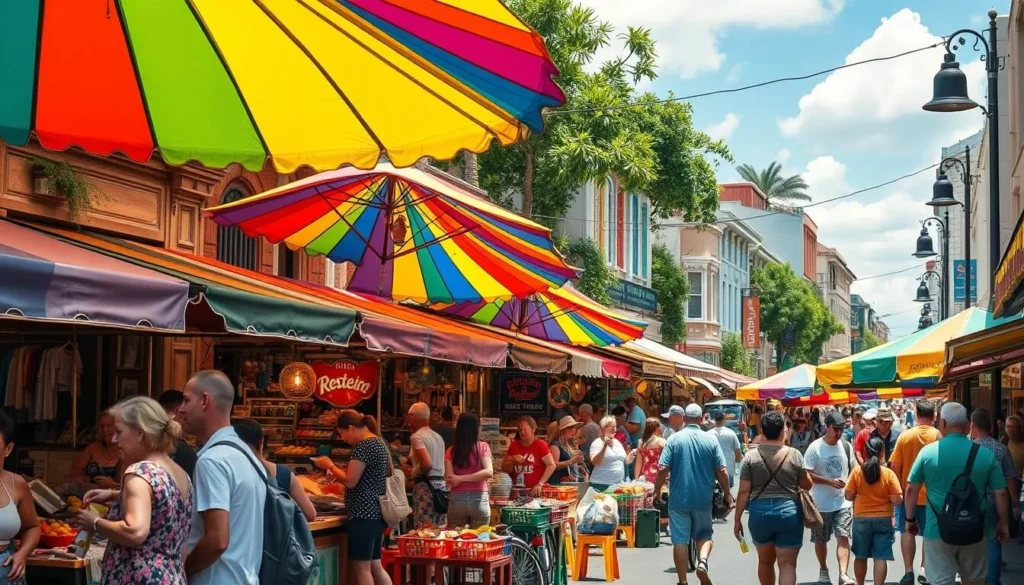 Generate an image of Rainbow Street transformed into a vibrant marketplace with colorful canopies and bustling activity.