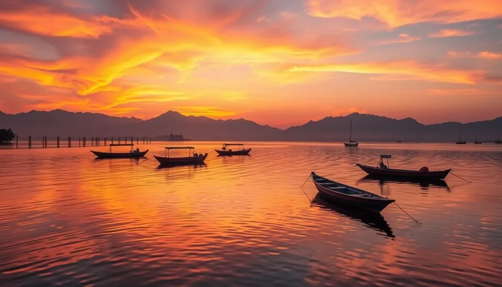 Generate an image of Raja Ka Taal during sunset with boats on the lake.