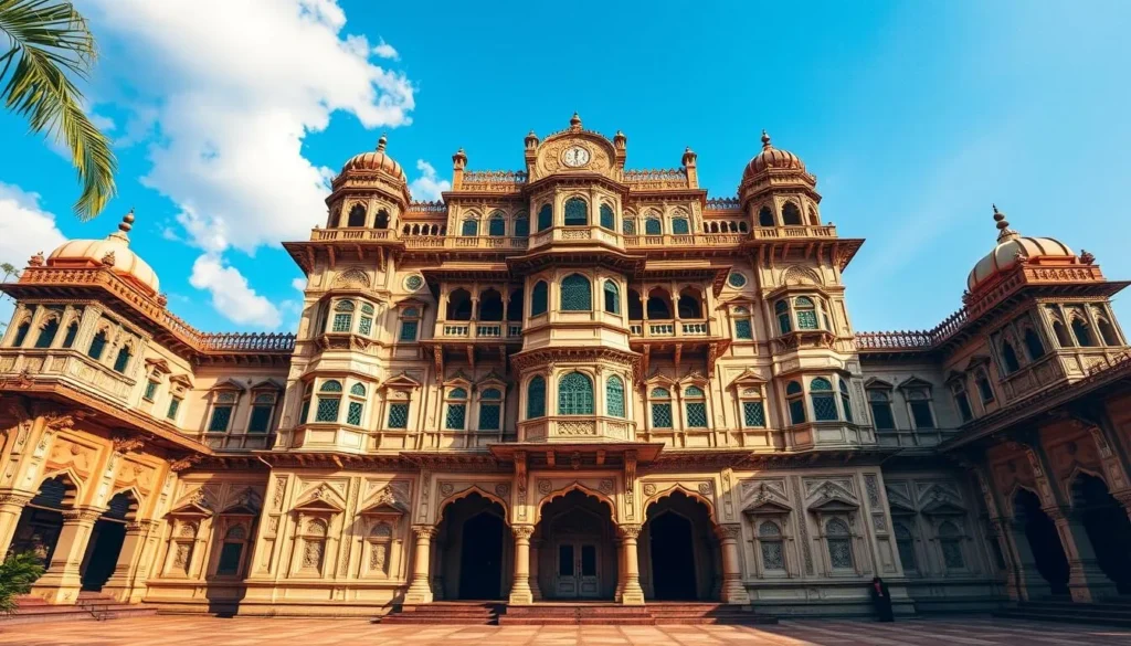 Generate an image of Rajwada Palace with its majestic seven-story structure and intricate stone carvings.