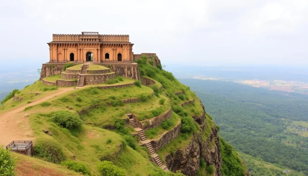 Generate an image of Ramagiri Fort, perched atop a hill, surrounded by lush greenery and offering panoramic views.