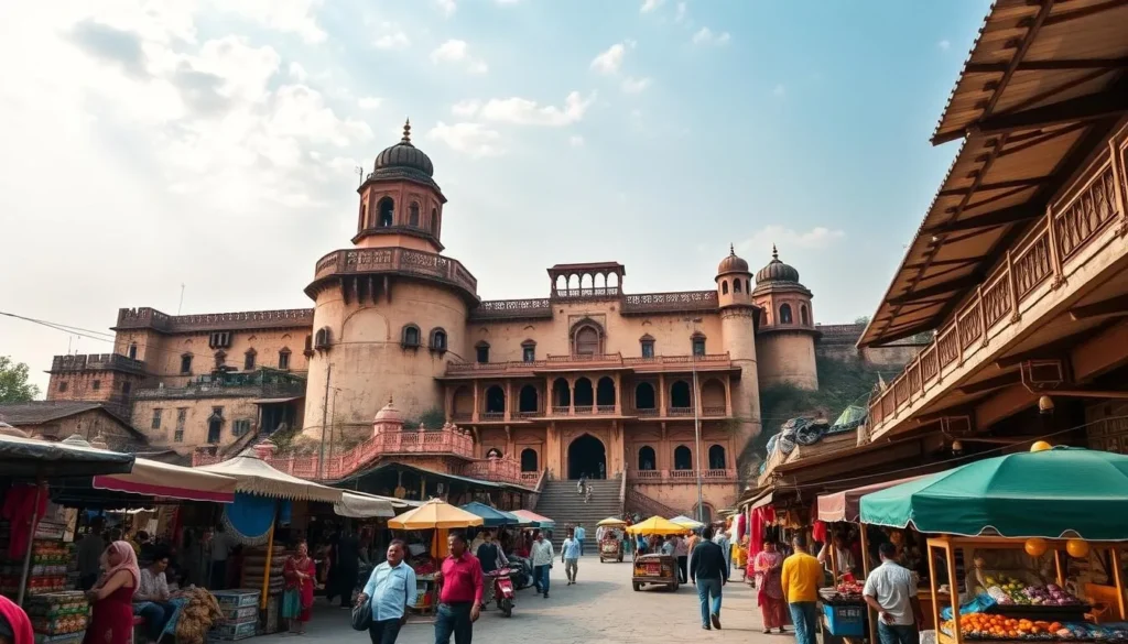 Generate an image of Rampur Fort, showcasing its majestic architecture and surrounding market.