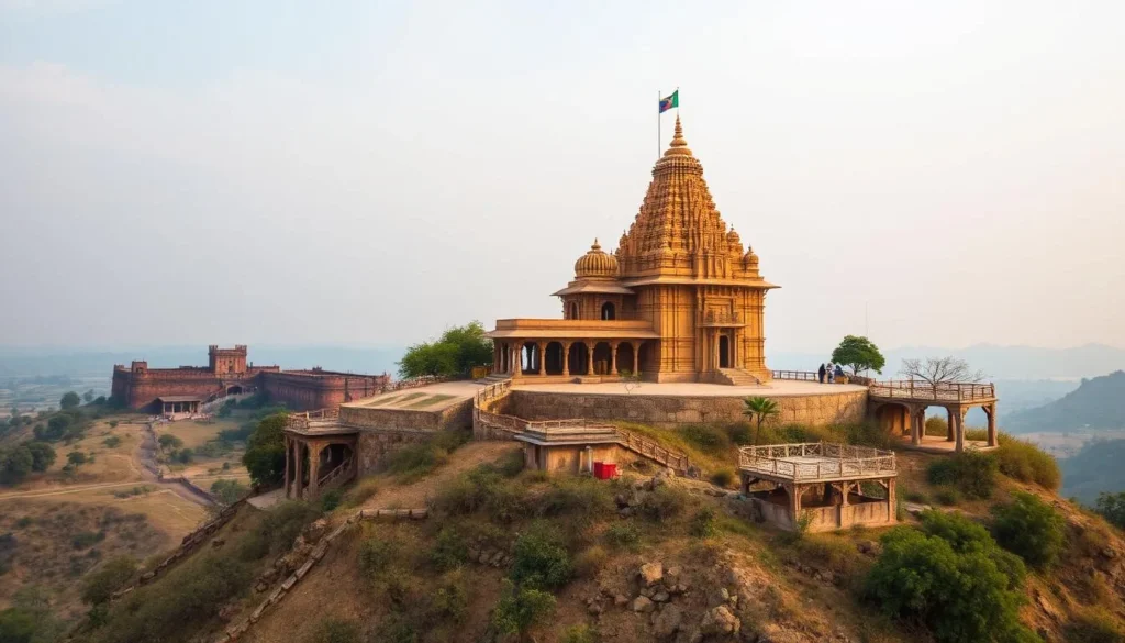 Generate an image of Ramtek Temple situated on a hilltop with a fort in the background.