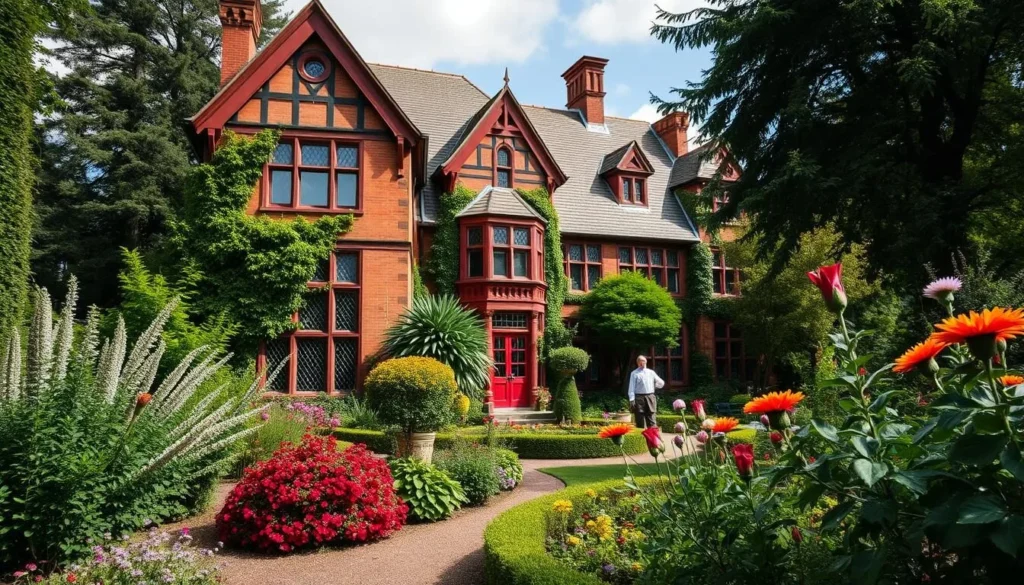 Generate an image of Red House, the historic home of William Morris, showcasing its beautiful gardens and unique architecture.