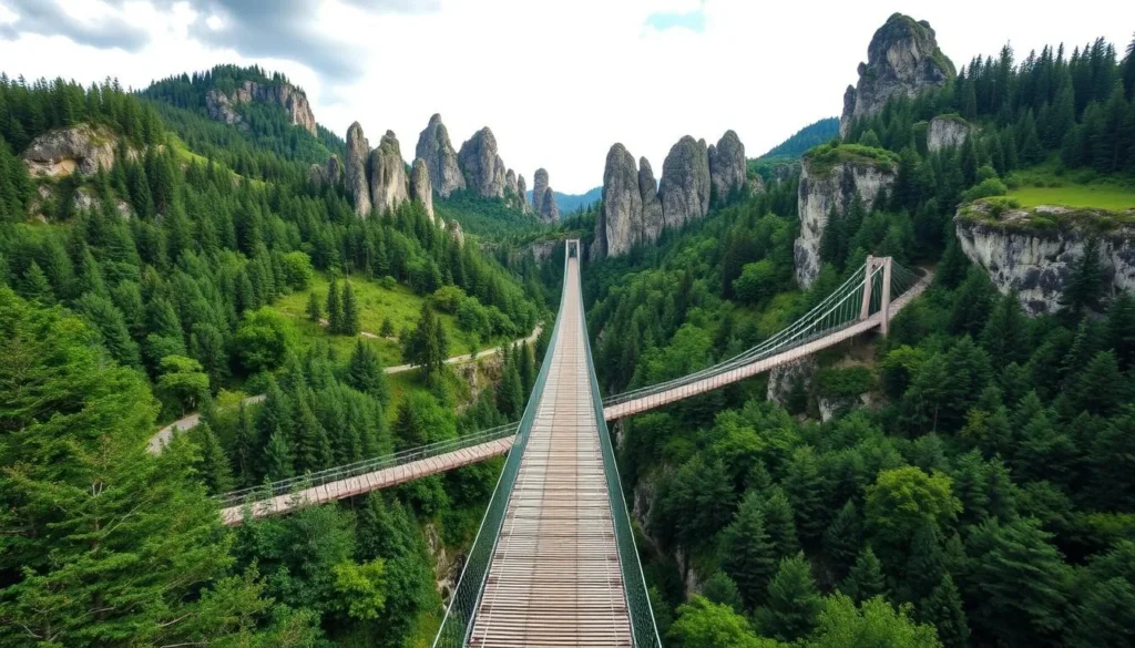 Generate an image of Repovesi National Park's dramatic landscapes and suspension bridges