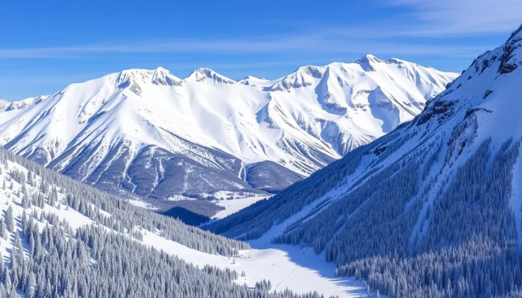 Generate an image of Revelstoke Mountain Resort's snow-covered peaks, highlighting its deep powder and rugged terrain.