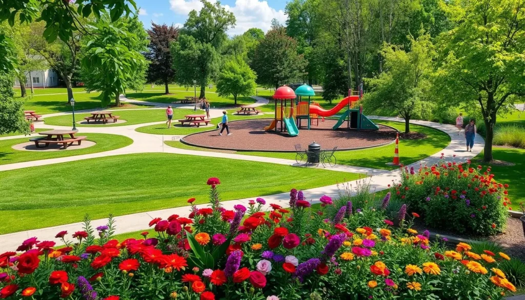 Generate an image of Riverside Park with picnic areas, playgrounds, and walking trails.