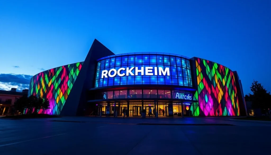Generate an image of Rockheim's striking building with its LED-illuminated facade.