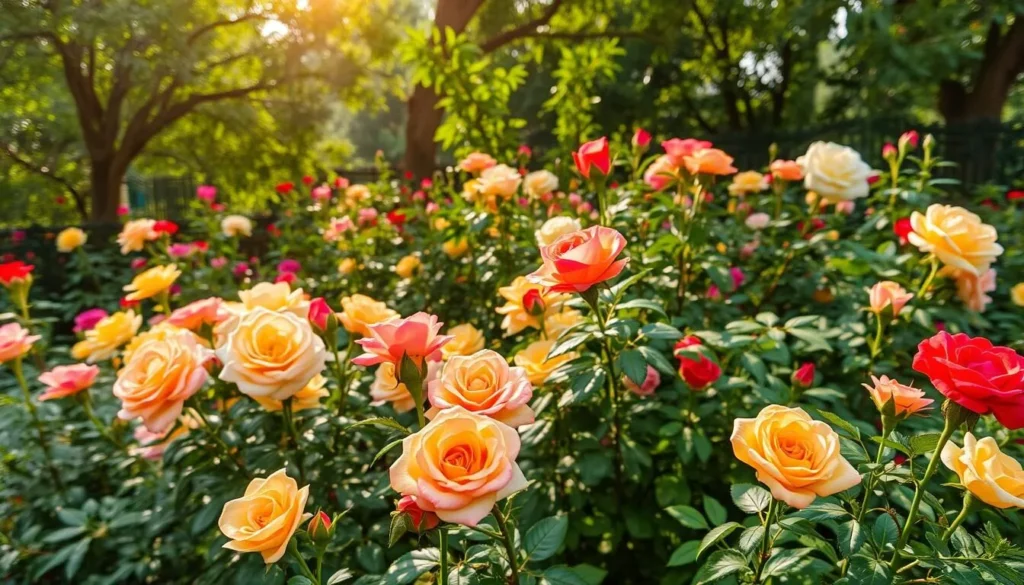 Generate an image of Rohtak Rose Garden with vibrant roses and a peaceful atmosphere.