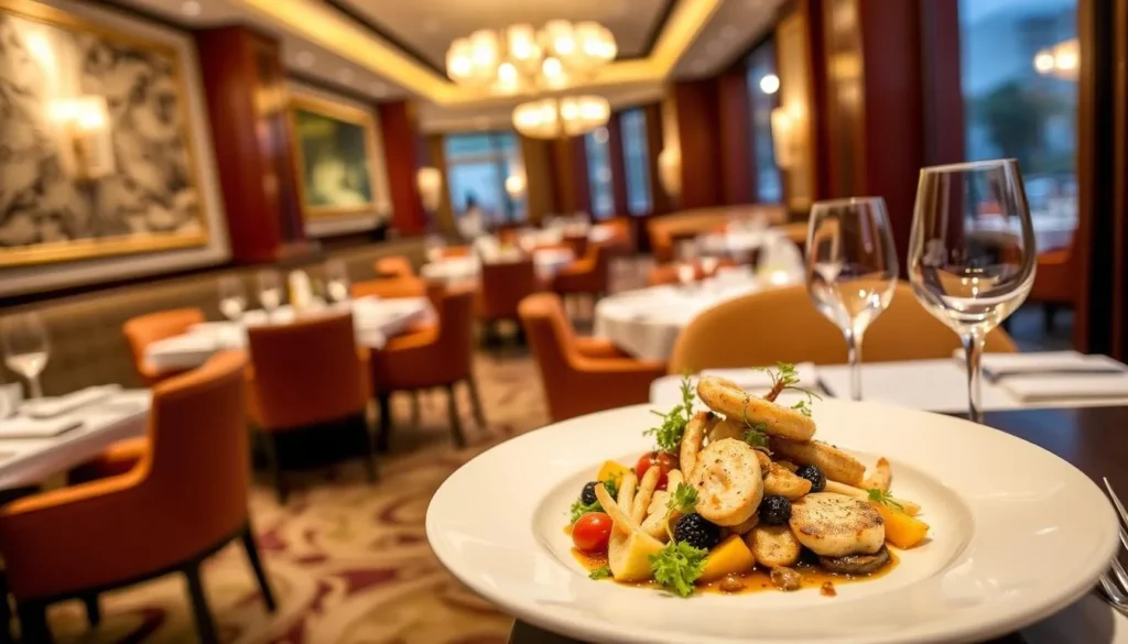 Generate an image of Rubaiyat Brasilia's elegant dining area with a seafood dish as the centerpiece.