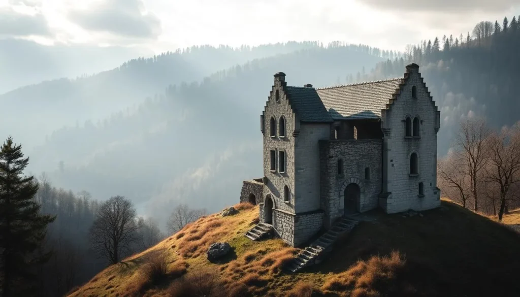 Generate an image of Rynartice castle ruins in the Lusatian Mountains