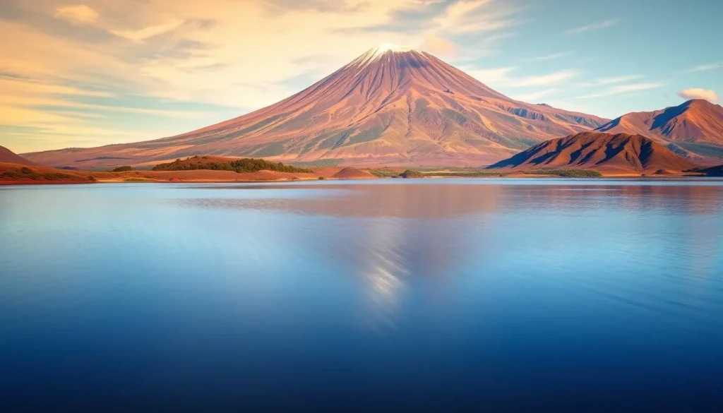 Generate an image of San Pablo Lake with the majestic Imbabura volcano in the background.