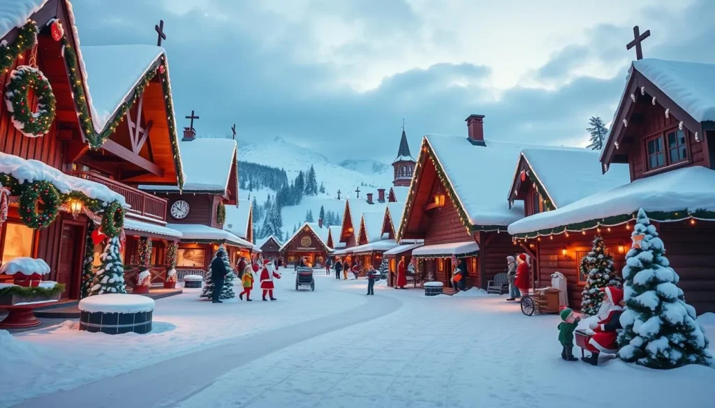 Generate an image of Santa Claus Village on the Arctic Circle line. Generate an image of Santa Claus Village on the Arctic Circle line.