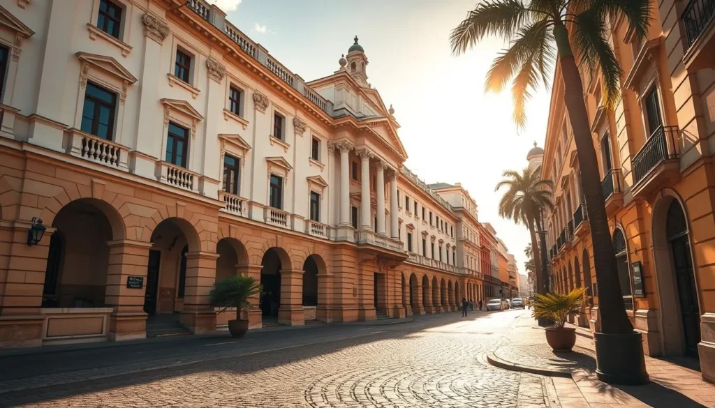 Generate an image of Santos' historic center with neoclassical buildings and cobblestone streets.