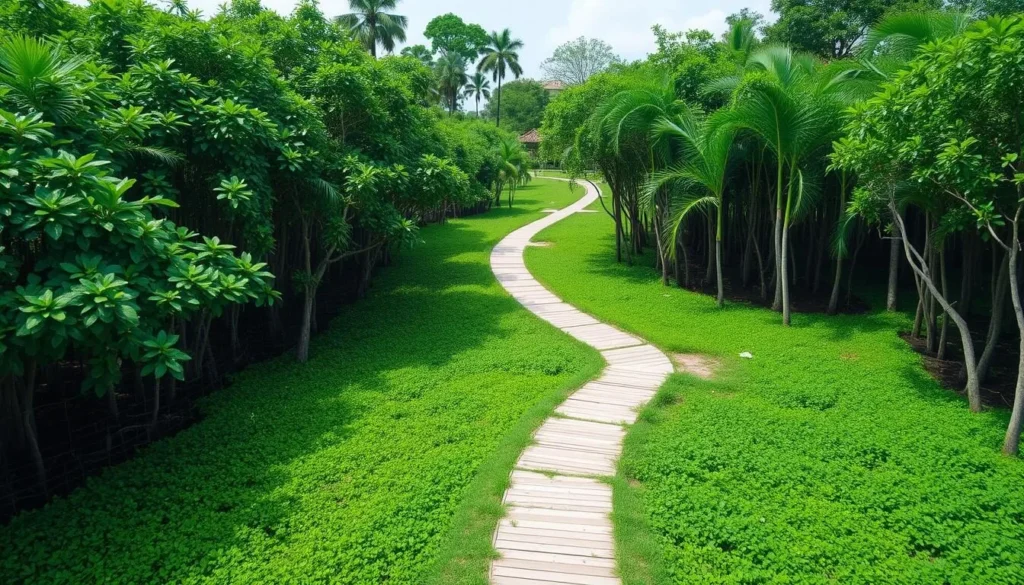 Generate an image of Sarovaram Biopark, highlighting the mangrove forests and walking paths.