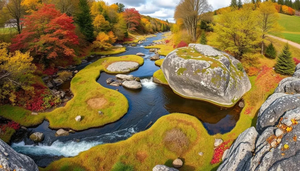 Generate an image of Sealsfield's Stone with a panoramic view of the Dyje River meanders.