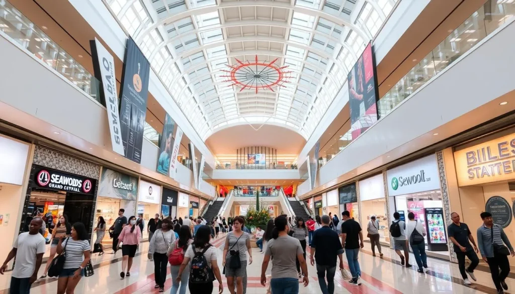Generate an image of Seawoods Grand Central Mall's interior, showcasing its modern architecture and bustling shopping atmosphere.