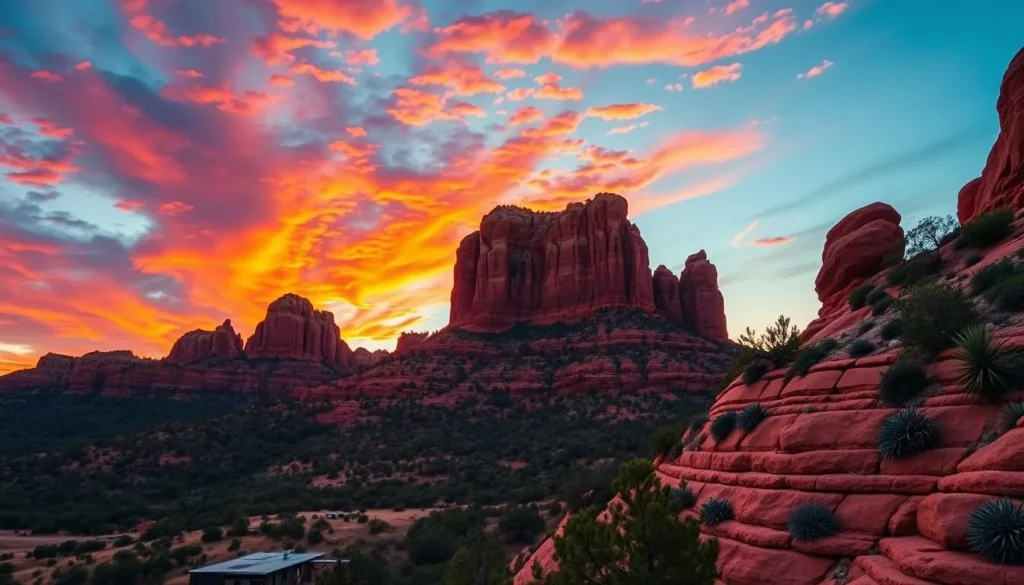 Generate an image of Sedona's red rock formations at sunset.