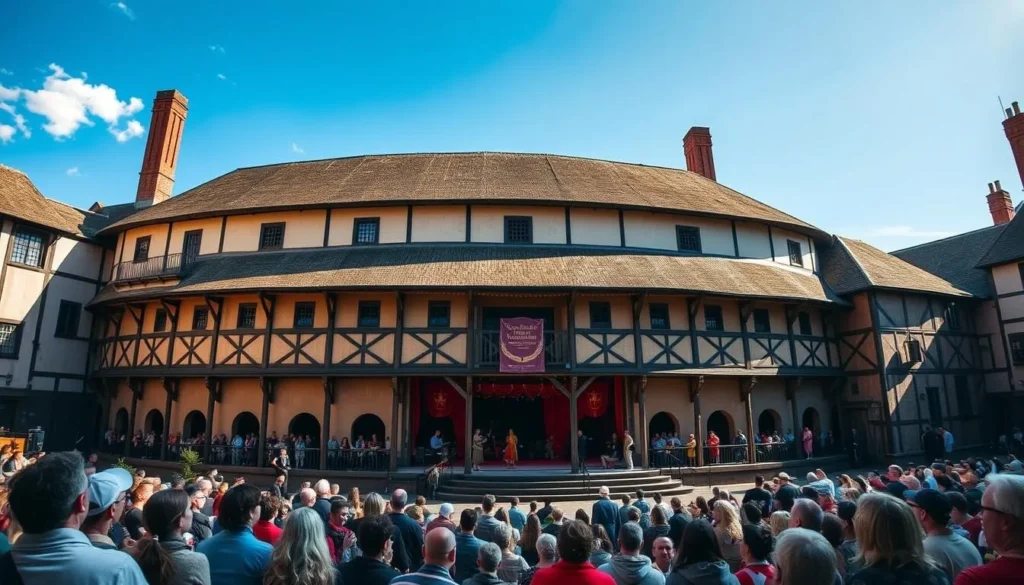 Generate an image of Shakespeare's Globe theatre with a performance in progress.