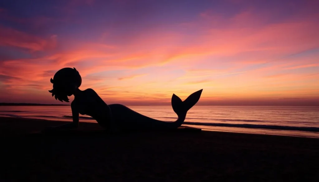 Generate an image of Shanghumugham Beach with its massive sculpture of a reclining mermaid (Jalakanyaka) during sunset.