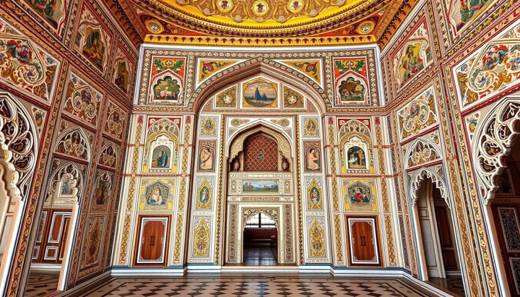 Generate an image of Sheesh Mahal's intricate mirrored walls and frescoes