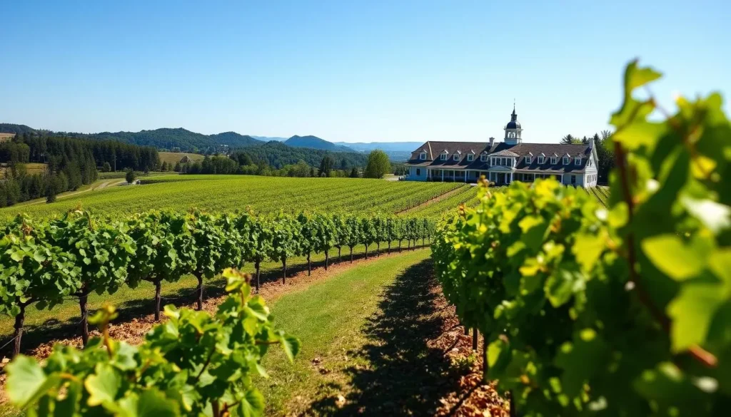 Generate an image of Sheldrake Point Winery's vineyards and winery.