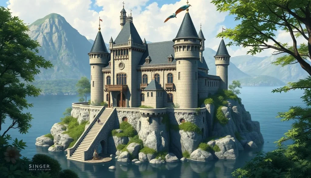 Generate an image of Singer Castle on Dark Island, with its majestic architecture and serene surroundings. Generate an image of Singer Castle on Dark Island, with its majestic architecture and serene surroundings.