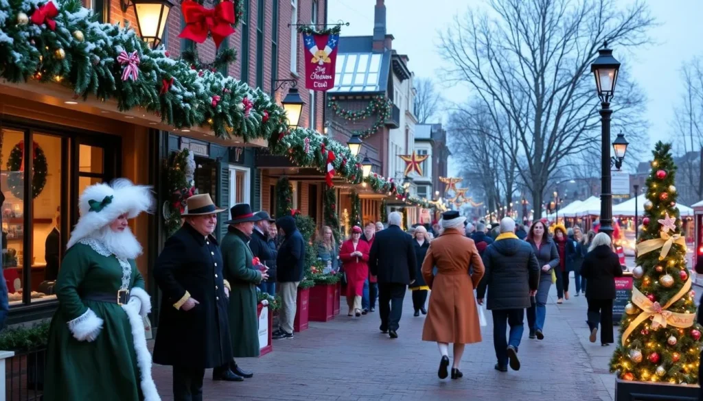 Generate an image of Skaneateles during the Dickens Christmas Festival with costumed characters and decorations
