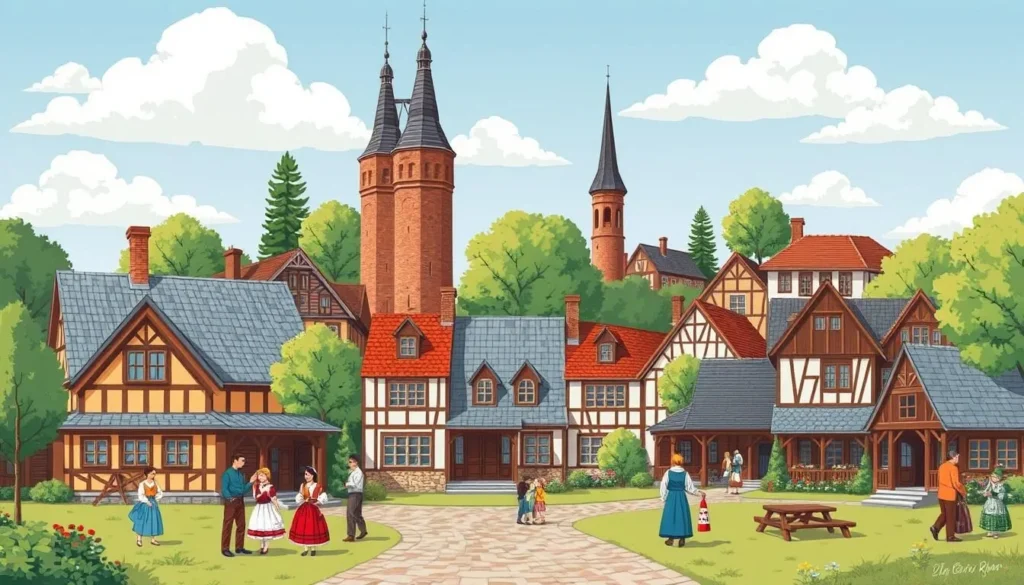 Generate an image of Skansen Open-Air Museum with historic buildings and people in traditional costumes.