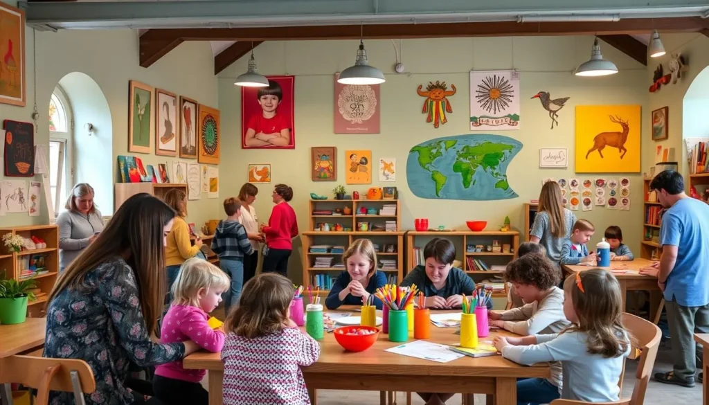 Generate an image of Sladovna, a vibrant cultural center in Pisek, Czechia, with families engaging in creative activities.