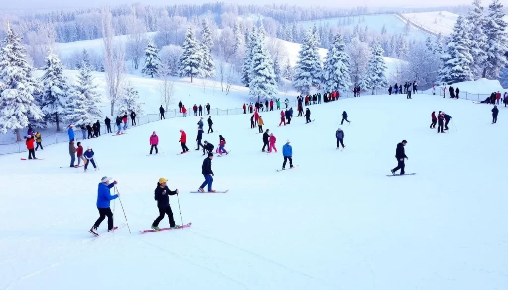 Generate an image of Snow World Noida's snow area with people enjoying snow activities.