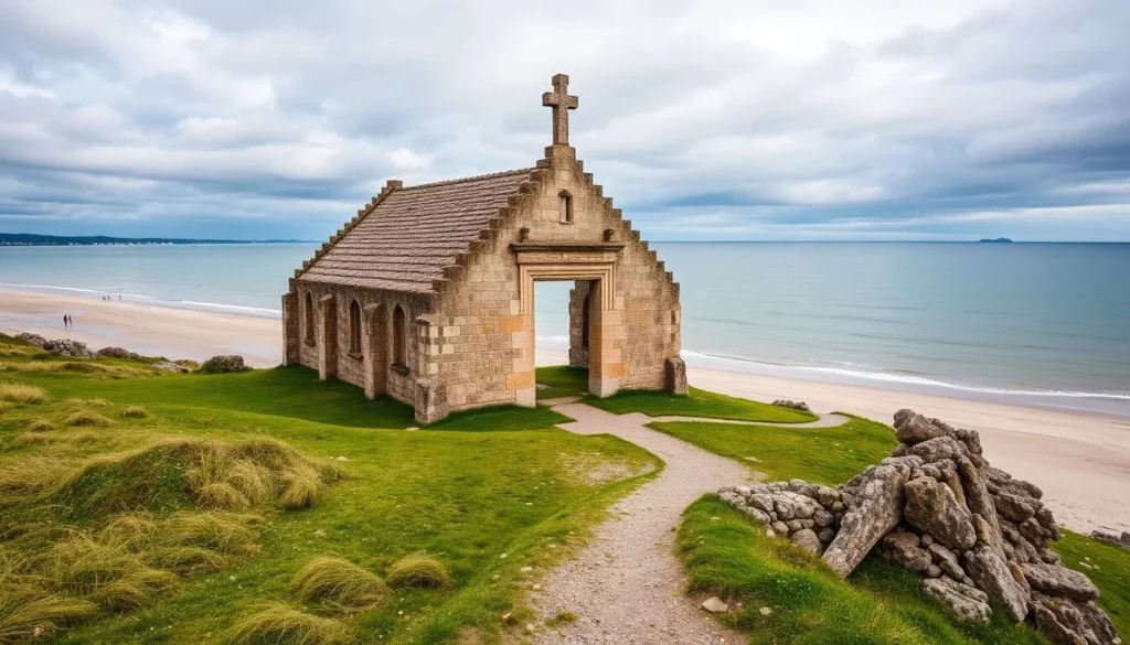 Generate an image of Sola Ruinkirke, a medieval church ruin near Solastranden beach.