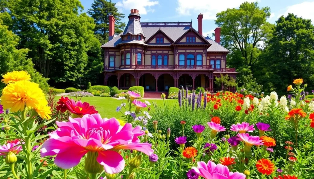 Generate an image of Sonnenberg Gardens & Mansion State Historic Park's Victorian mansion surrounded by lush gardens.