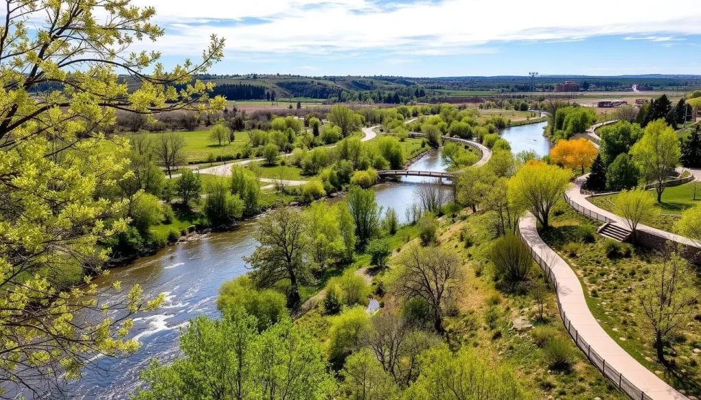 Generate an image of South Platte Park with the South Platte River flowing through it.