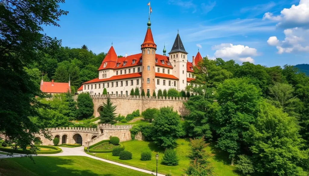 Generate an image of Špilberk Castle in Brno, Czechia, showcasing its medieval architecture and surrounding park.