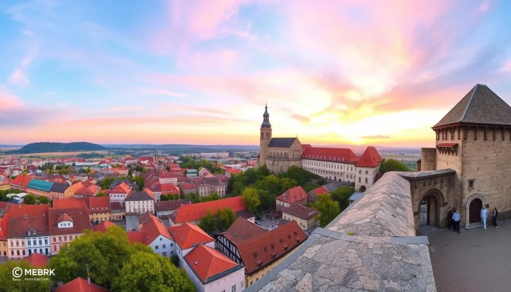 Generate an image of Špilberk Castle with a panoramic view of Brno.