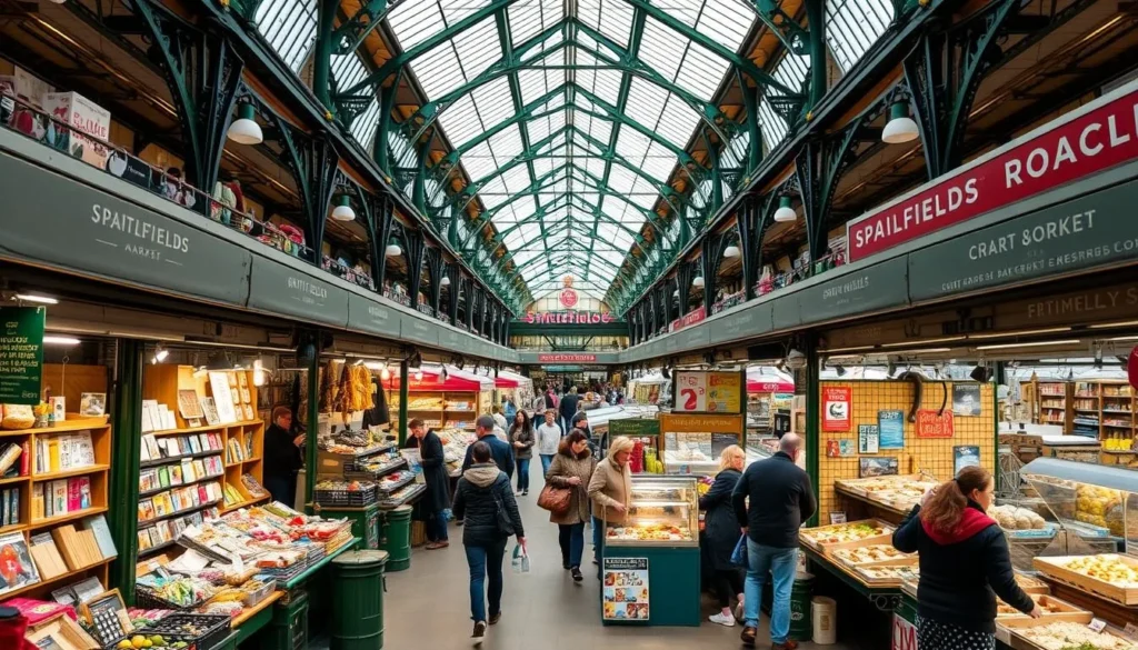 Generate an image of Spitalfields Market's vibrant interior, showcasing a mix of artisan stalls and food vendors.