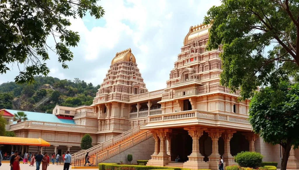 Generate an image of Sri Venkateswara Temple in Tirupati, showcasing its grand architecture and beautiful surroundings.