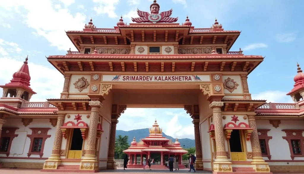 Generate an image of Srimanta Sankardev Kalakshetra's grand entrance with traditional Assamese architecture.