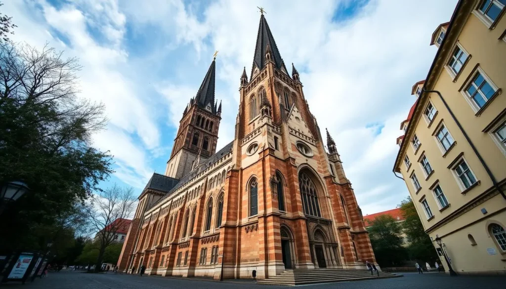 Generate an image of St. Bartholomew's Cathedral in Plzen, Czech Republic, with a focus on its Gothic architecture and tall tower.