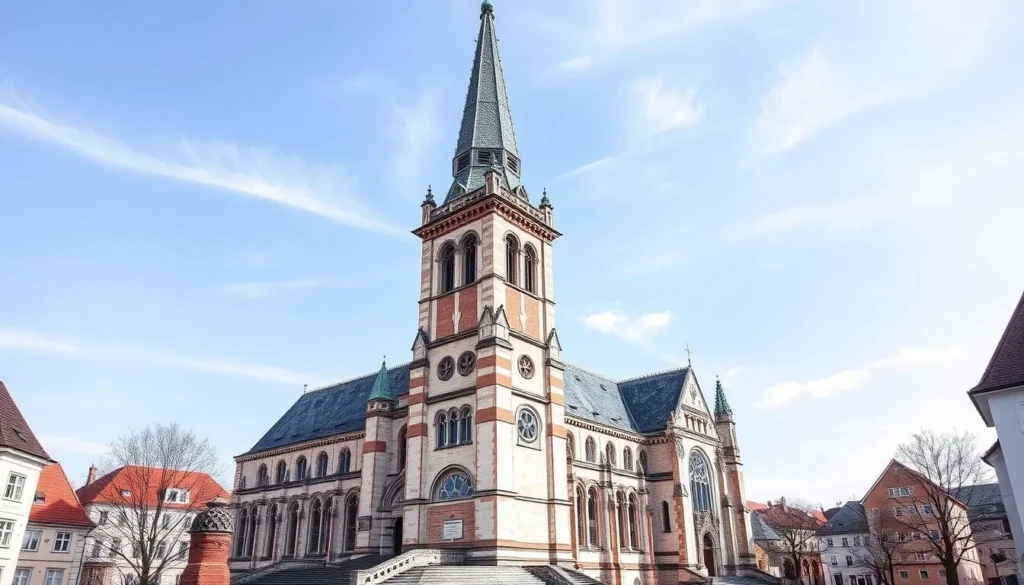 Generate an image of St. Bartholomew's Cathedral tower in Plzen, Czech Republic.