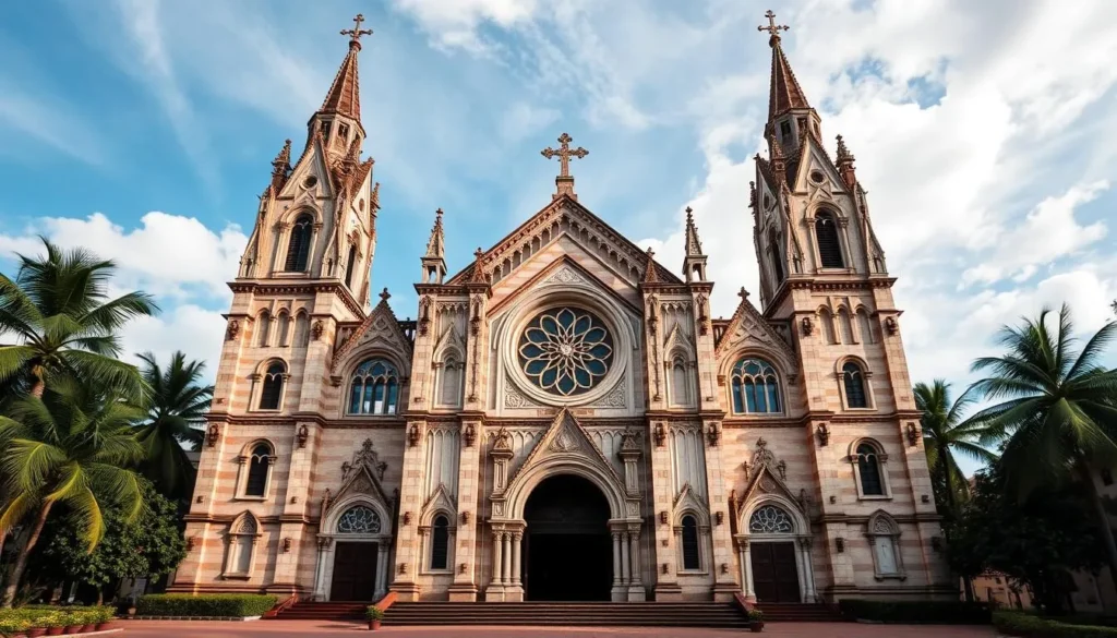 Generate an image of St. John the Baptist Cathedral (Iglesia Matriz) in Iquitos, highlighting its neo-gothic architecture.