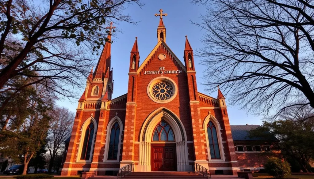 Generate an image of St. Joseph's Church, showcasing its neo-Gothic architecture and serene atmosphere.