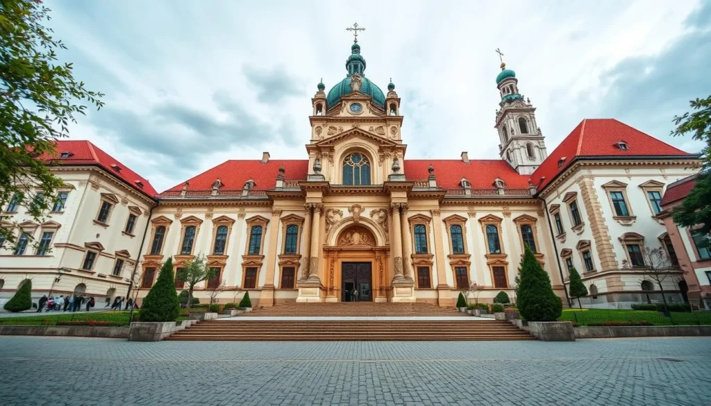 Generate an image of St. Wenceslas Basilica in Stara Boleslav, Czech Republic, showcasing its Baroque architecture and historical significance.