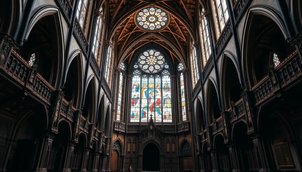 Generate an image of Stavanger Cathedral's interior, showcasing its intricate woodwork and stained glass windows.