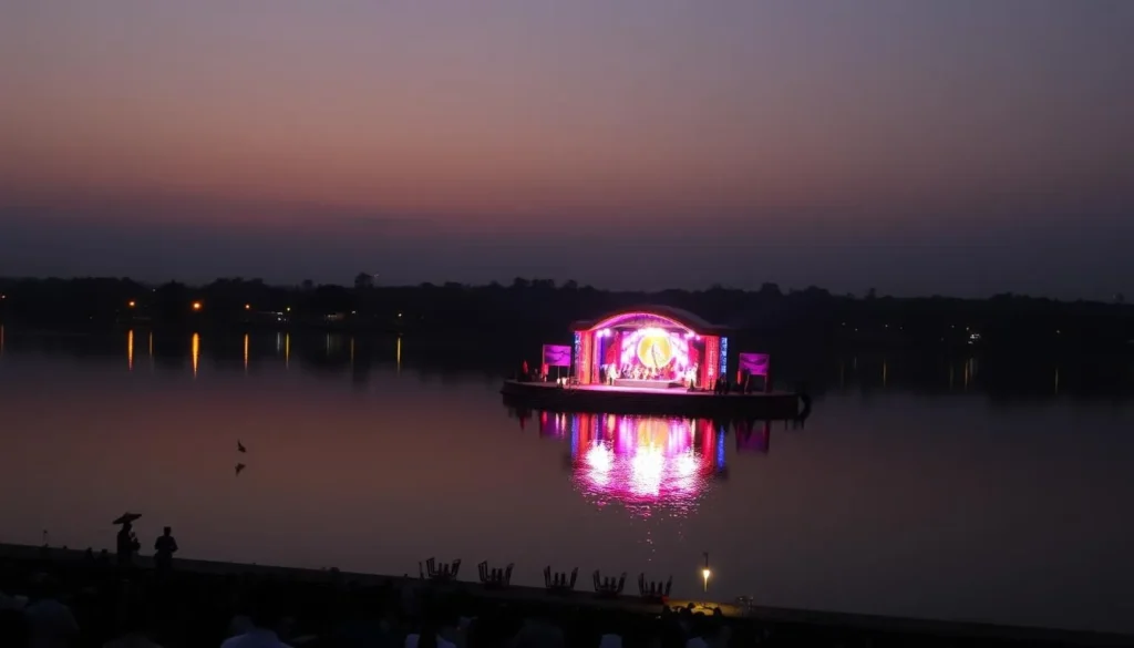 Generate an image of Sukhna Lake during an evening cultural program with a stage set against the lake's backdrop.
