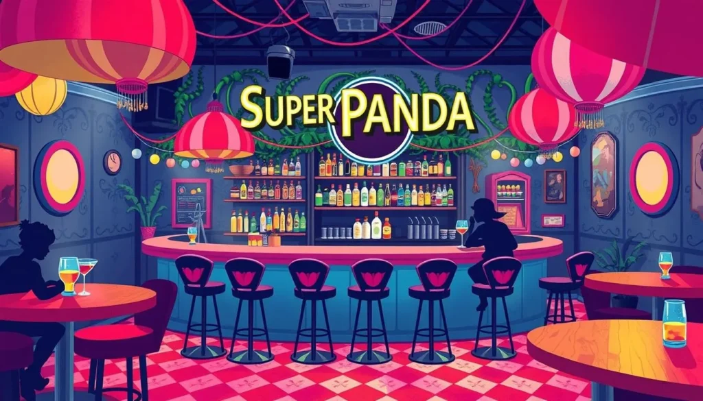 Generate an image of Super Panda Circus's vibrant cocktail bar with a unique atmosphere.